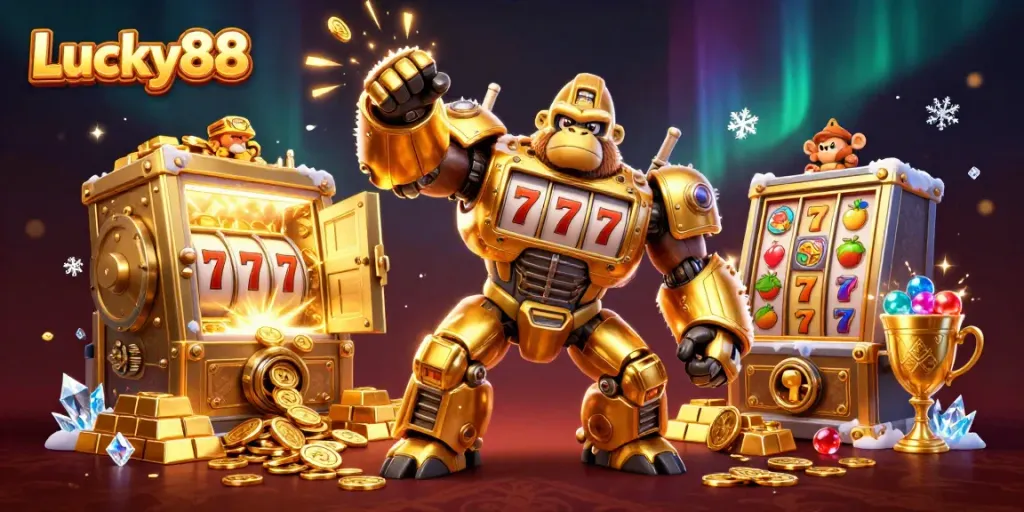 Slot-themed 3D illustration of the Lucky88 gorilla mech and dynamic treasure scene.