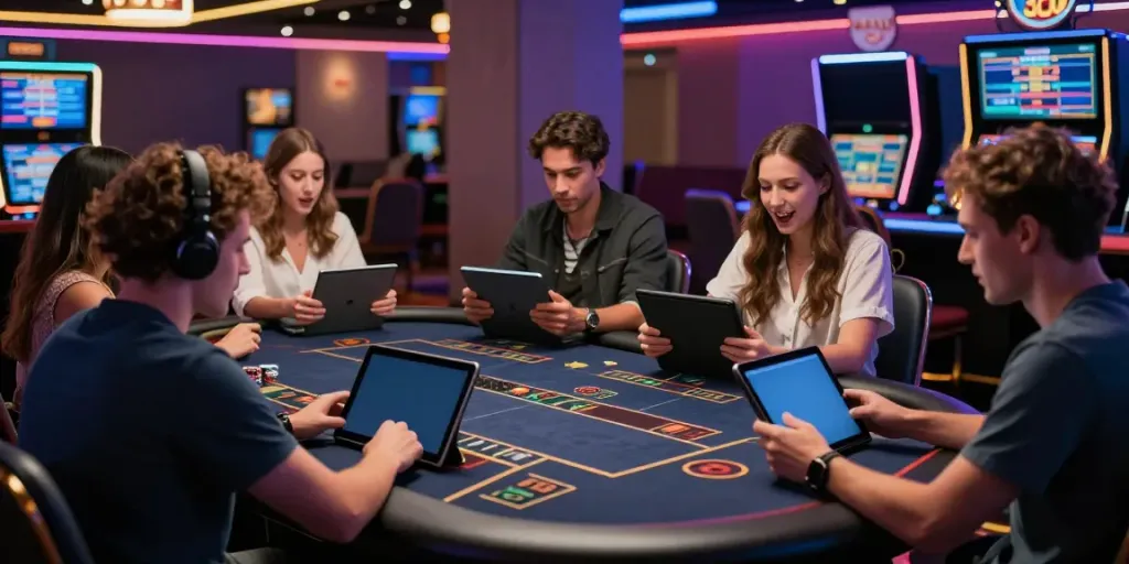 Exciting gaming experience at nhà cái man88 with players using tablets in a vibrant casino atmosphere