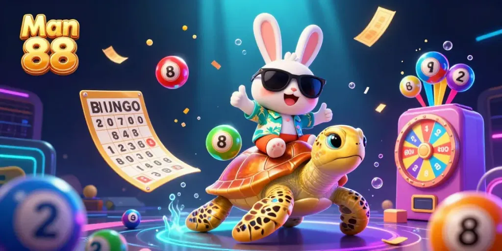 Engage with Man 88's exciting casino ambiance featuring a lucky rabbit and golden turtle amidst dynamic gaming elements.