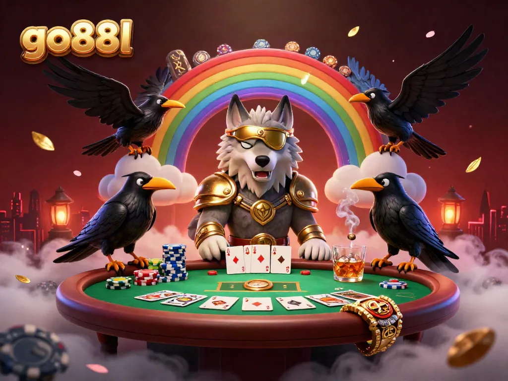 Experience thrilling action with go88l's vibrant casino scene featuring Odin and his ravens among poker elements.