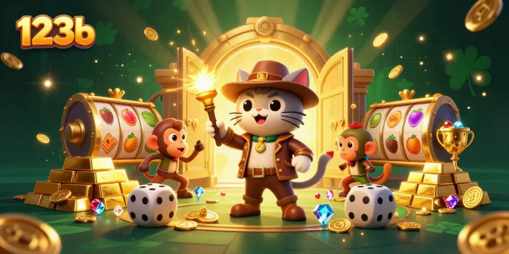 Engage with thrilling slots and interactive gameplay at 123b casino, featuring vibrant symbols and gold.