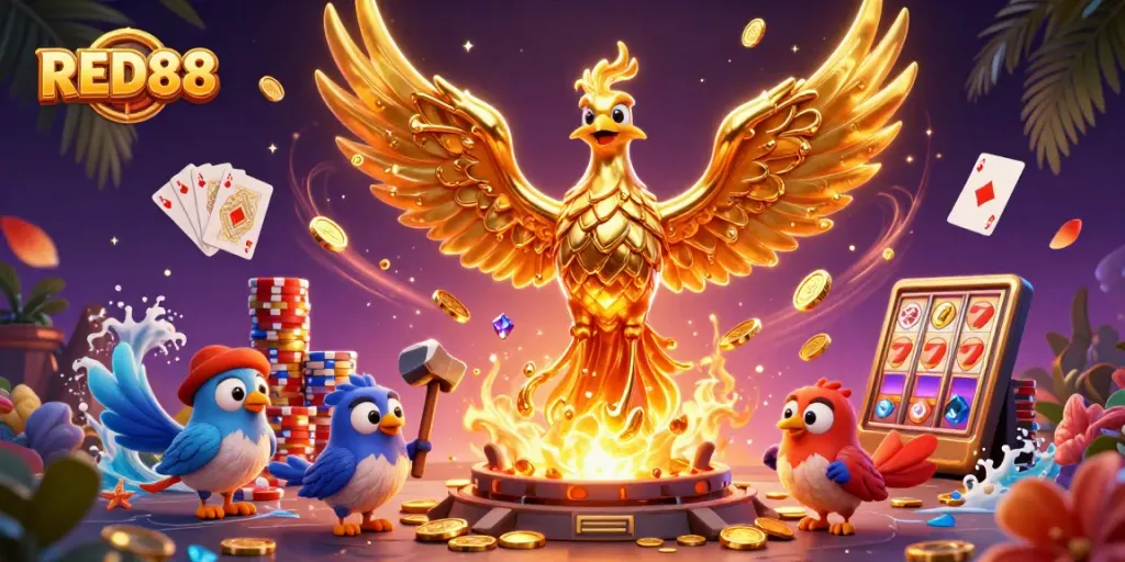 Experience RED88 with dynamic casino elements in this vibrant, engaging 3D illustration.