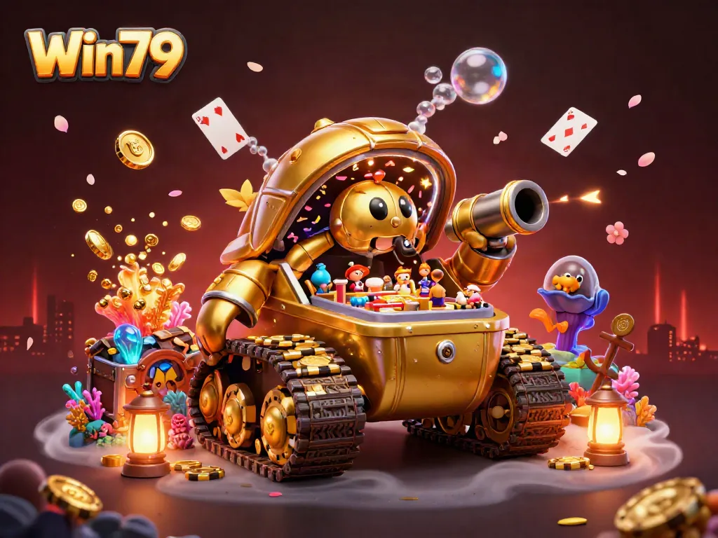 Win79 offers an exciting miniature casino experience within a golden beetle tank, bursting with treasures.
