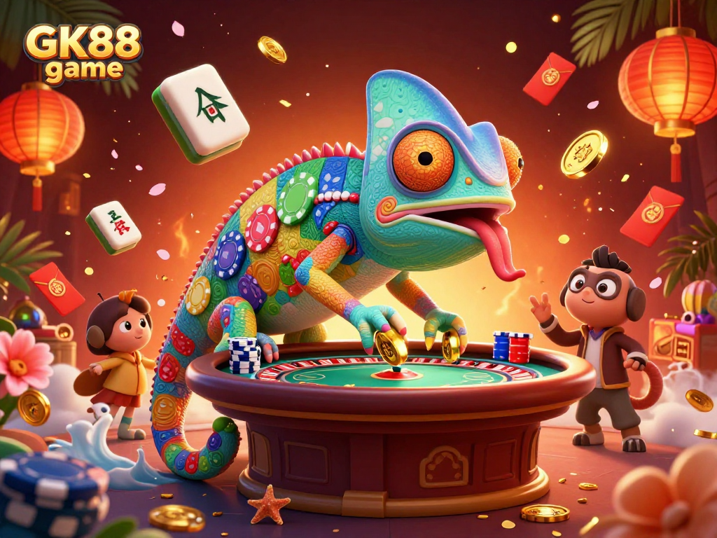 Engage in the GK88 game with vibrant casino illustrations featuring a chameleon owner and dynamic elements.