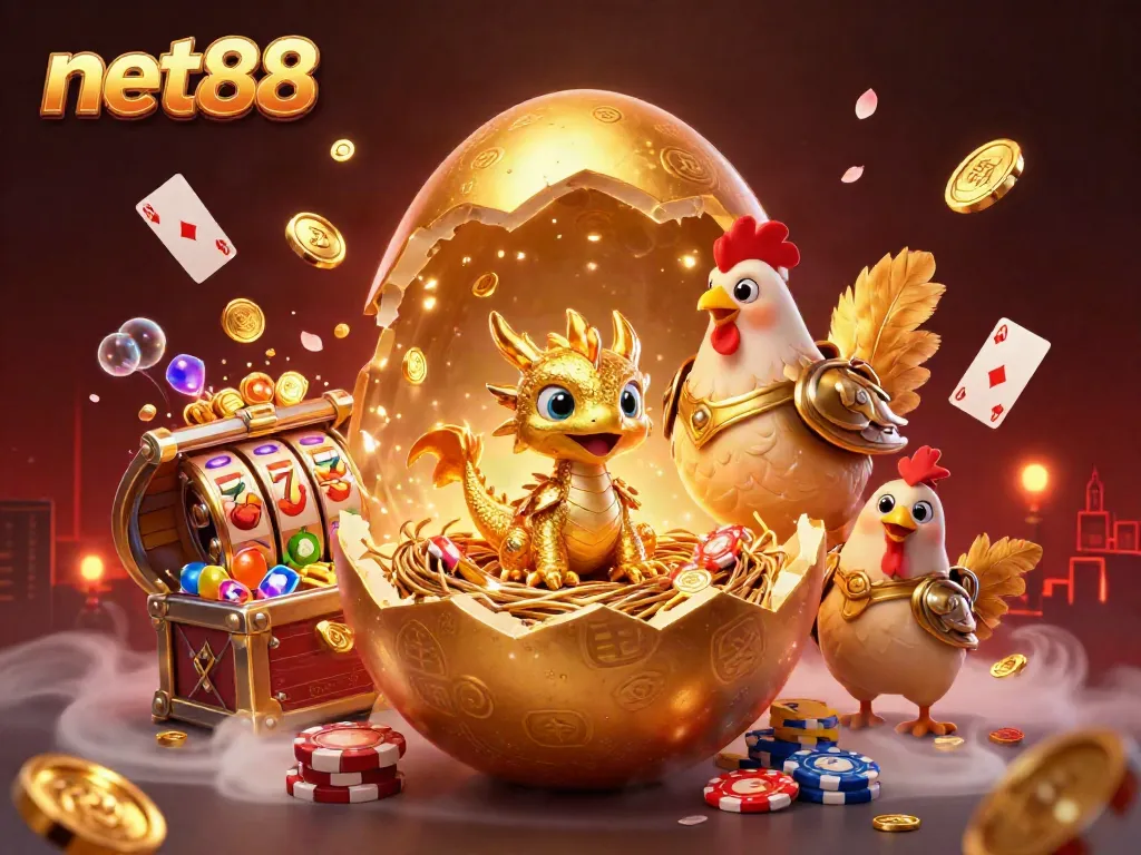 Experience thrilling gaming excitement with net88’s vibrant 3D illustration showcasing casino elements and a golden dragon.