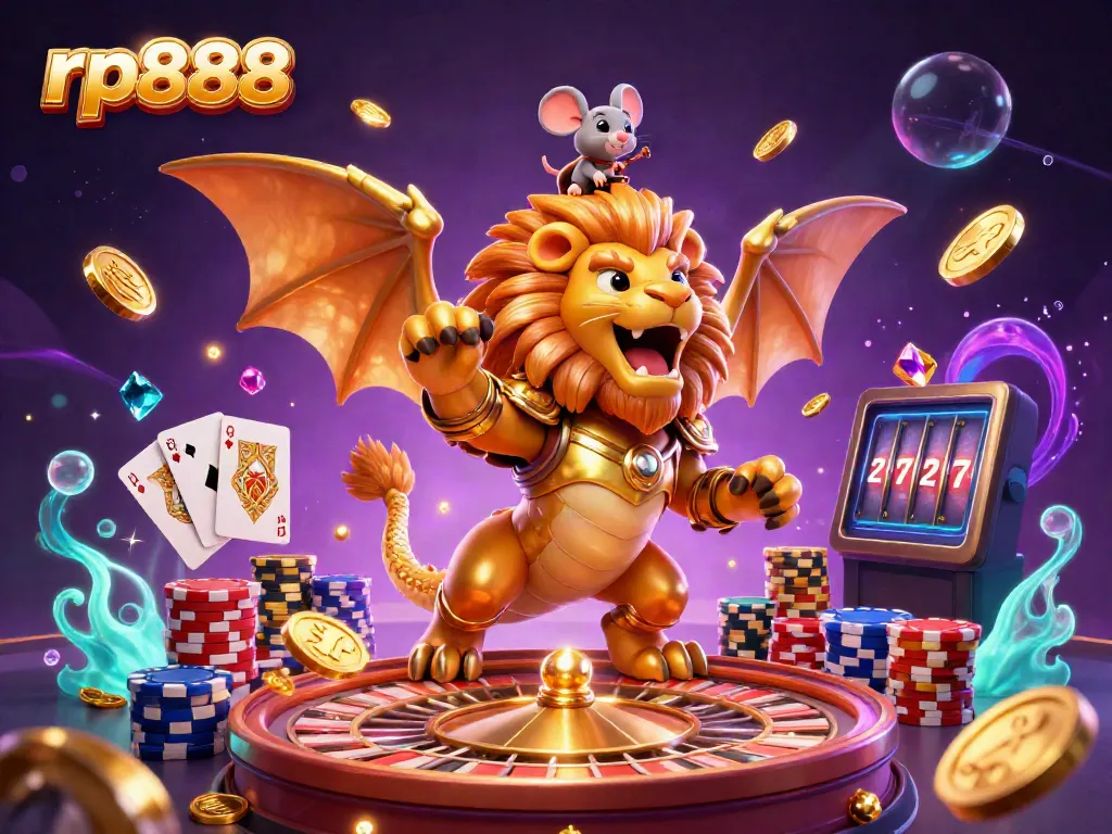 Experience the thrill of rp888 with a vibrant 3D casino scene featuring a roaring chimera, a mouse jockey, and golden elements.