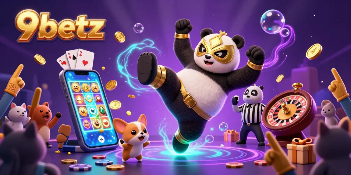 Experience thrilling play at 9betz with cartoon panda wrestler kicking amidst lively casino action.